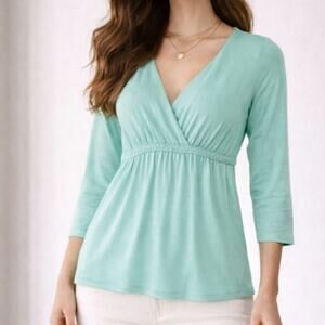 Boston Proper Crossover Babydoll Top Mint 3/4 Sleeve V-neck Casual Soft Size XS